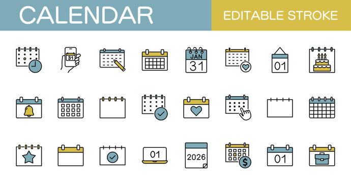 カレンダーのアイコンセット・スケジュール、イベントなど（線幅変更可能・カラー）