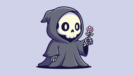 A charmingly cute cartoon grim reaper character, dressed in a dark robe, presents a small pink flower with an innocent expression.