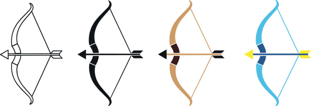 Bow and arrow icons set illustrating archery equipment, target shooting, precision aim, sport hunting tools, and medieval weapon symbolism in clean flat style