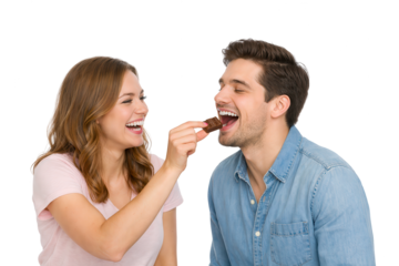 Happy Couple Sharing Chocolate Moment on White Background