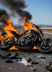 Burning motorcycle on the side of a highway road accident