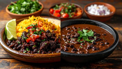 A split-screen image showcasing two bowls filled with a dish, along with small bowls of garnishes. This is likely a flavorful cuisine