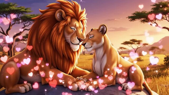 Sunset Savanna Lion Couple Amid Hearts. Anime Illustration Showing Affectionate Lion And Lioness Nuzzling On Rocky Outcrop, Pink Heart Sparkles Swirling Into Heart Shape, Warm Golden Light, Acacia.