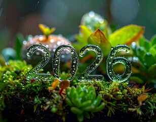 Shiny, numeric display amidst lush greenery in a rain-kissed close-up