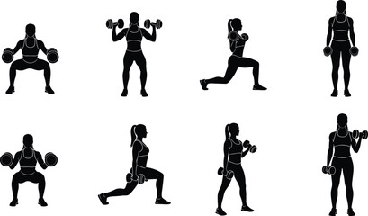 Female athlete silhouette collection featuring women performing squats, lunges, and bicep curls with dumbbells for fitness training and gym workout vector illustration,