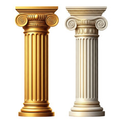 Obraz premium Two ancient greek or roman style golden and white stone columns isolated on transparent background