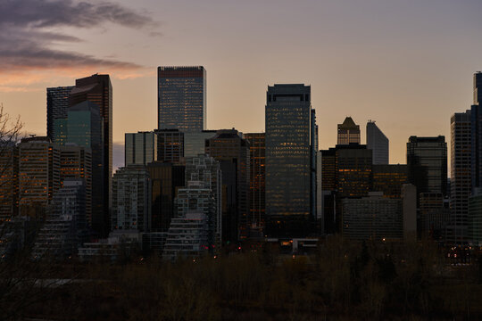 Calgary Downtown Skyline Illuminated at Dusk