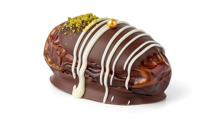 Exquisite Chocolate-Covered Date with White Cream Drizzle and Pistachio Sprinkle on White Backdrop