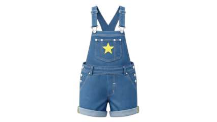 Blue Denim Short Overalls with Yellow Star Accent