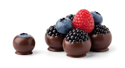 Exquisite Dark Chocolate Truffles Adorned with Fresh Berries on a Pristine White Surface