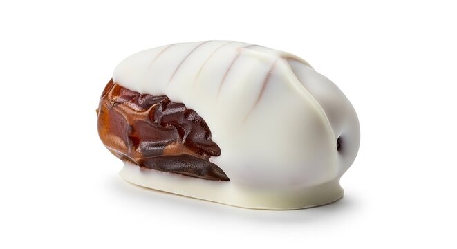 Exquisite close-up of a white chocolate covered date showcasing its delicate texture and design