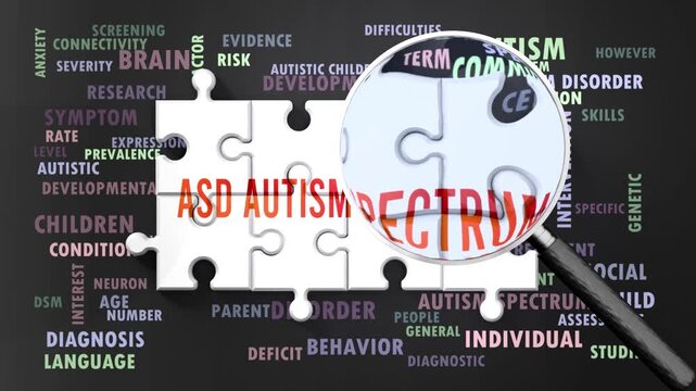 Asd Autism Spectrum under magnifying glass, being researched, studied and examined. Most important subjects and ideas closely related to asd autism spectrum written around a puzzle.Can be looped.