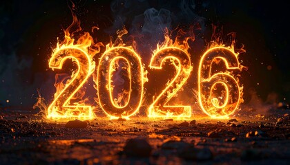 Fiery 2026 numeric text burns on a cracked surface, dark background