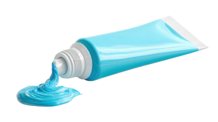 Blue paint tube squeezing art medium, creative artists supplies, viscous acrylic color dripping, transparent background