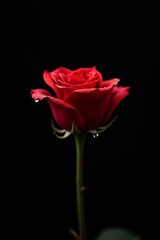 A single, perfect red rose with droplets of water, illuminated by a sharp spotlight against a solid black background