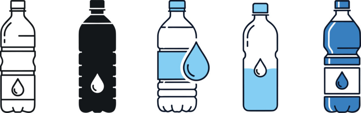 Drinking water bottle icons set illustrating hydration containers, purified water packaging, healthy lifestyle beverage, and clean liquid consumption concepts