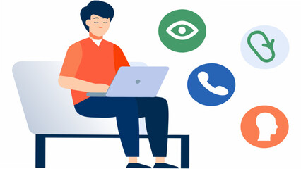 Man using laptop with communication icons around him