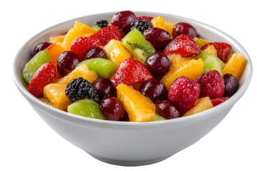 White bowl overflowing with colorful fresh fruit salad strawberries kiwi oranges image