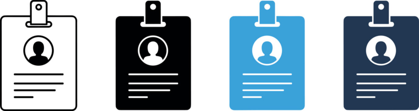 Employee identification badge icons set illustrating staff ID cards, workplace credentials, corporate access passes, and professional identity management concepts