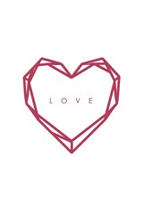 Geometric faceted heart shape with the word love written inside isolated on white