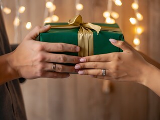 Hands exchanging a beautifully wrapped green gift box tied with a gold ribbon and bow with bokeh lights