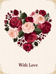 Heart shape floral arrangement of deep red and soft pink roses with green leaves