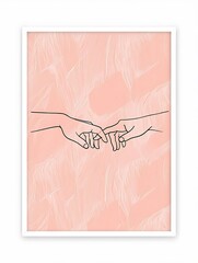 Minimalist line art of two hands gently touching fingers against a soft pink textured background