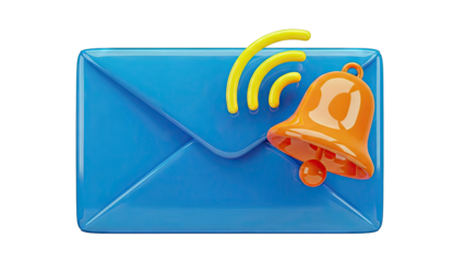 3D Icon: Blue Envelope with Orange Notification Bell and Signal Waves