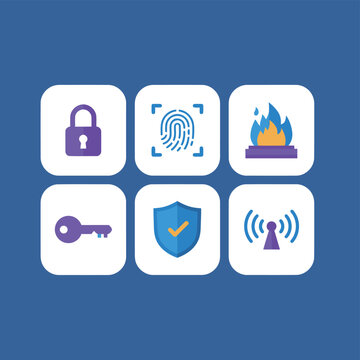 Data Security and Protection Icons Set Featuring Padlock Fingerprint Scanner Fire Key Shield and Wireless Signal for Cybersecurity Concepts