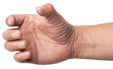 man hand holding something like a bottle on white background.