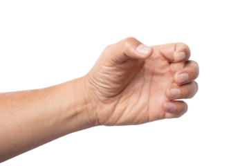 man hand holding something like a bottle on white background.