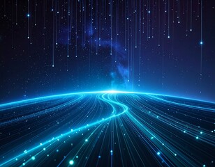 Digital, glowing paths converge on a light source