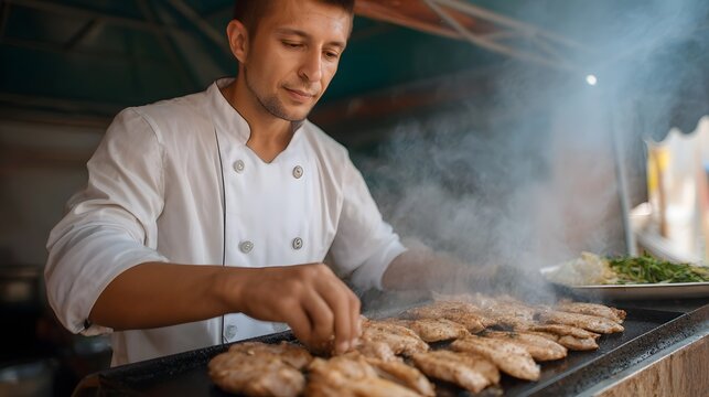 Chef meticulously grills seasoned chicken fillets steam rising from the hot flat top surface