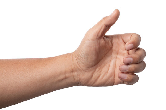 man hand holding something like a bottle on white background.