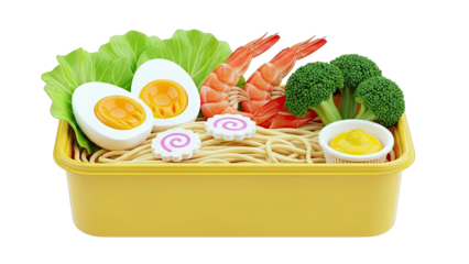 Cute Bento Box with Ramen, Shrimp, Eggs, and Broccoli