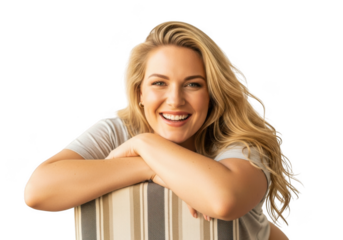 Smiling woman with blonde hair leaning on a chair isolated on transparent background
