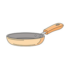 Frying pan with wooden handle in simple illustration style, on transparent background    