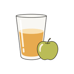 Fresh green apple next to a glass of apple juice , illustration on transparent background   