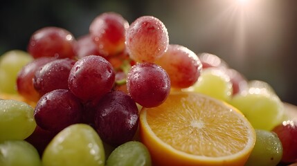 Close up of fresh wet red and green grapes with an orange slice backlit by warm sunlight