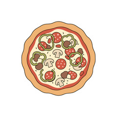 Pepperoni pizza topped with mushrooms and bell peppers, illustration on transparent background  