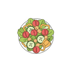 Colorful mixed salad with vegetables and croutons in bowl, illustration on transparent background    