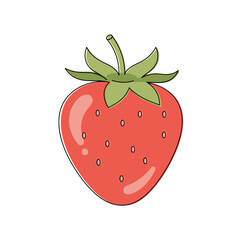 Fresh red strawberry illustration with green leaves on transparent background  
