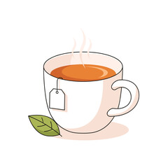 Hot cup of tea with tea bag and green leaf, illustration on transparent background  