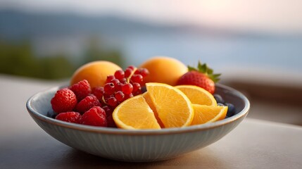 A vibrant bowl of fresh mixed berries citrus and stone fruits rests outdoors during a serene sunset