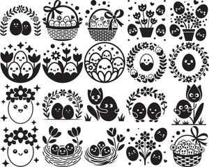 Spring egg collection with cute faces in baskets floral wreaths and nests black silhouette icons for spring holidays
