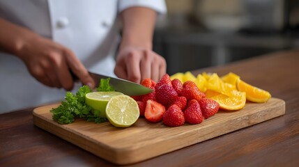A chef prepares a colorful assortment of fresh fruits including strawberries limes oranges and pine on a wooden cutting board in a kitchen