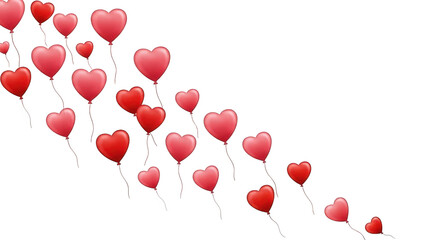 Heart-shaped balloons floating in a row, isolated on transparent background