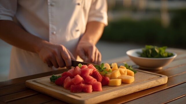 Chef preparing a vibrant fresh fruit assortment of watermelon strawberries and melon outdoors at golden hour - Powered by Adobe
