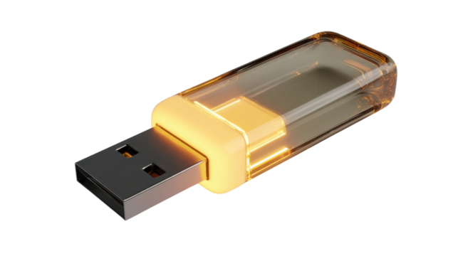 Usb flash drive transmitting digital data, memory stick for information storage, transparent amber housing with glowing hardware - Powered by Adobe