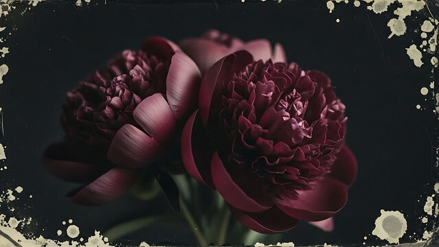 A dark, moody bouquet of deep red peonies captured with the vintage wet plate collodion photographic process, creating a timeless, artistic, and romantic floral still life image.